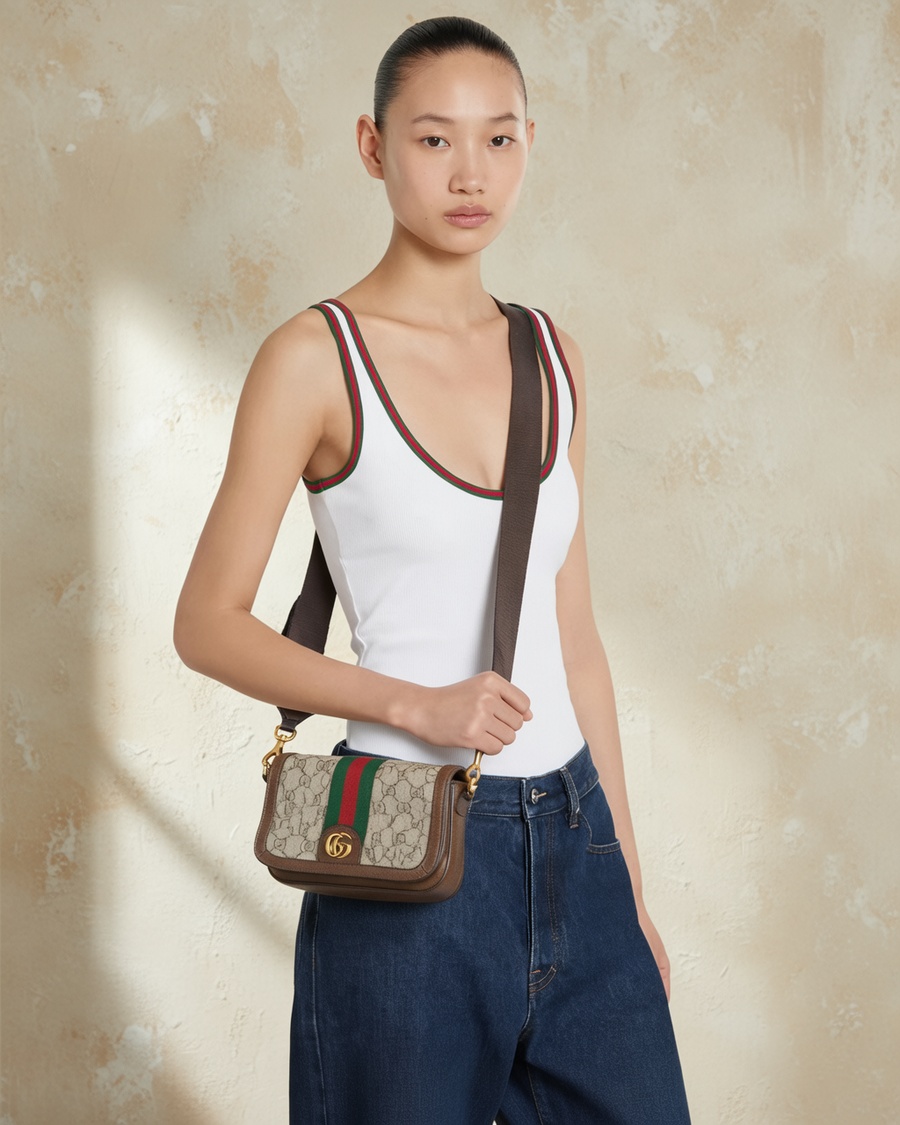 Check-pattern saddle bag with chain strap - alternate view